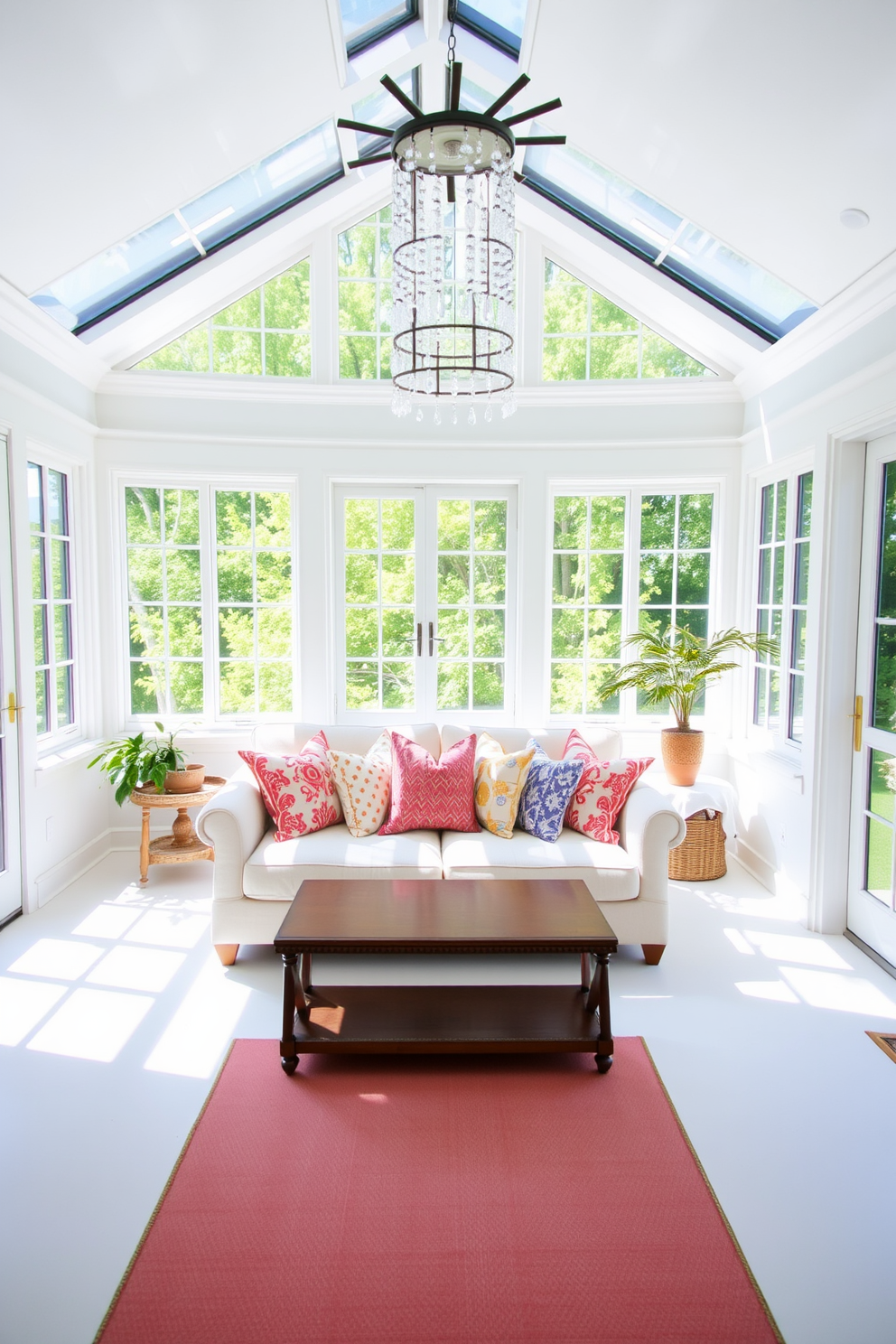 A bright and airy sunroom filled with natural light. The walls are painted in soft white, and large windows allow sunlight to flood the space, illuminating the room. In the center, a comfortable seating area features a light pastel sofa adorned with colorful throw pillows. A sun-catching crystal mobile hangs from the ceiling, casting playful reflections across the room.