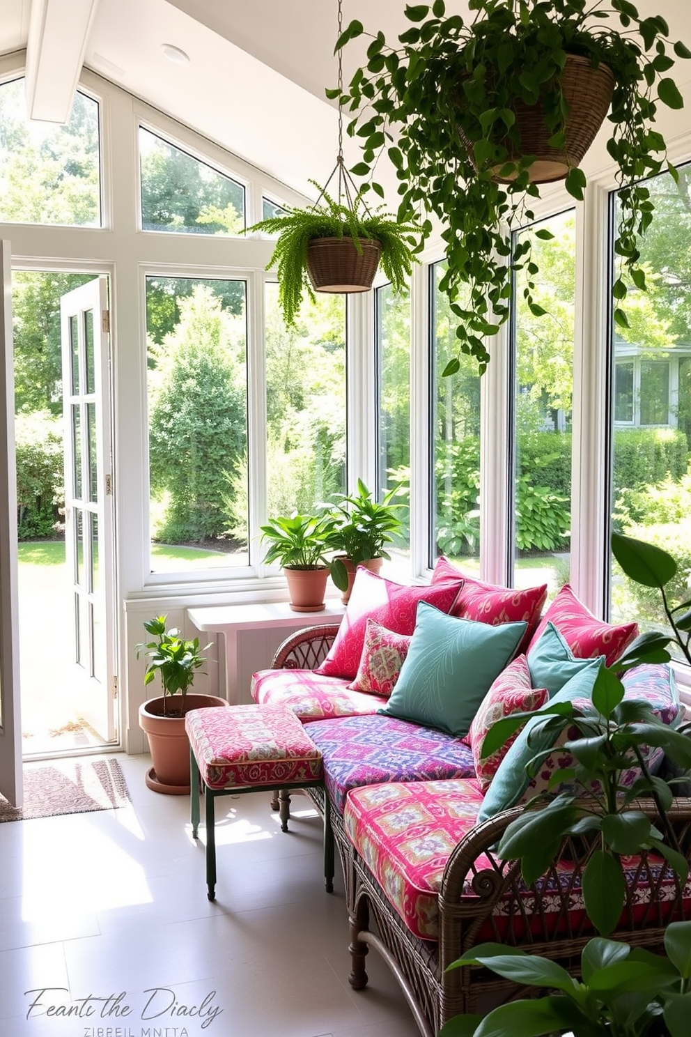 A bright and airy summer sunroom filled with natural light. The space features large windows that open to a lush garden, creating a seamless connection with the outdoors. A cozy seating area is adorned with vibrant outdoor cushions in various patterns and colors. Potted plants and hanging greenery add a touch of nature, enhancing the inviting atmosphere.