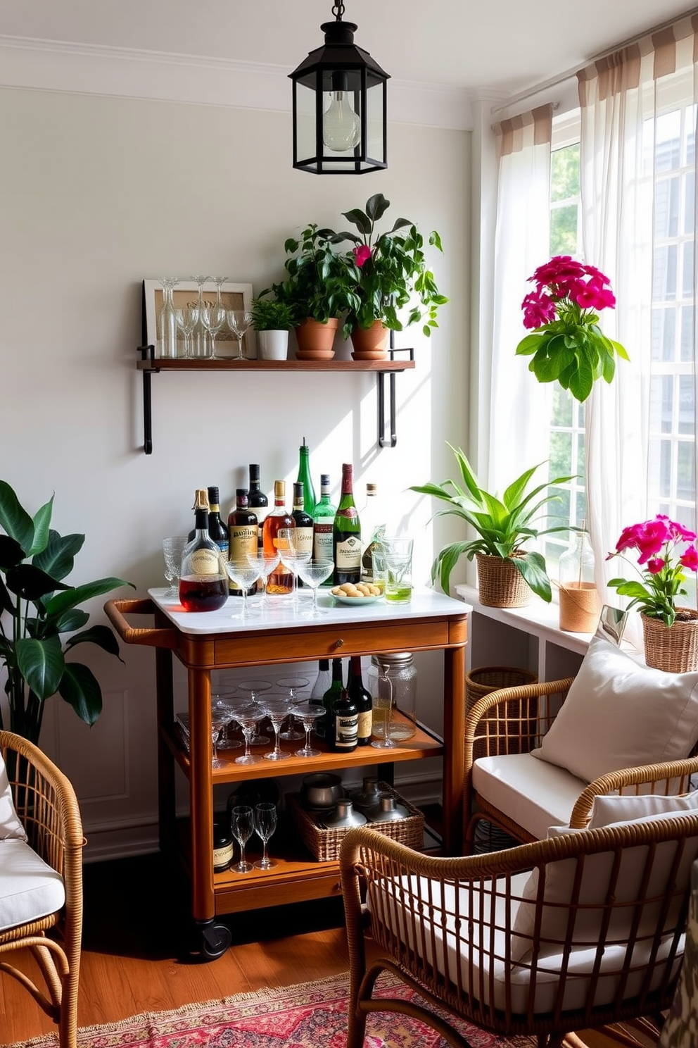 Create a cozy mini bar in a bright summer sunroom. Include a sleek wooden bar cart with a marble top, stocked with an array of colorful glassware and premium spirits. Surround the bar with comfortable seating, such as rattan chairs with plush cushions. Add vibrant potted plants and sheer curtains that let in natural light, enhancing the inviting atmosphere.