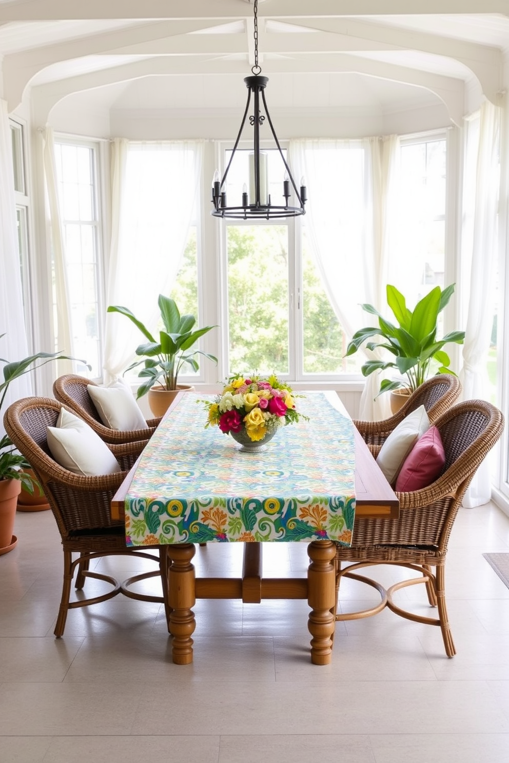 Create a bright and airy sunroom filled with natural light. The focal point is a large wooden table covered with a vibrant patterned tablecloth that adds a touch of color and style. Surround the table with comfortable wicker chairs adorned with soft cushions. Large potted plants are placed in the corners, and sheer curtains gently flutter in the warm summer breeze.