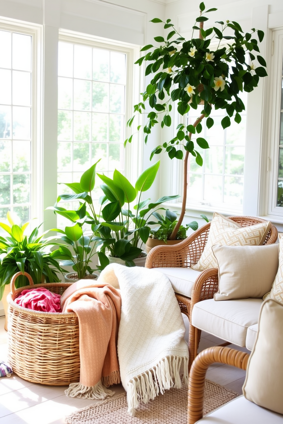 A bright and airy sunroom filled with natural light. A cozy blanket basket sits in the corner, overflowing with soft, colorful throws perfect for relaxing on sunny days. Lush green plants are strategically placed around the room, creating a refreshing atmosphere. Comfortable seating options, including a rattan chair and a cushioned loveseat, invite guests to enjoy the warmth of summer.