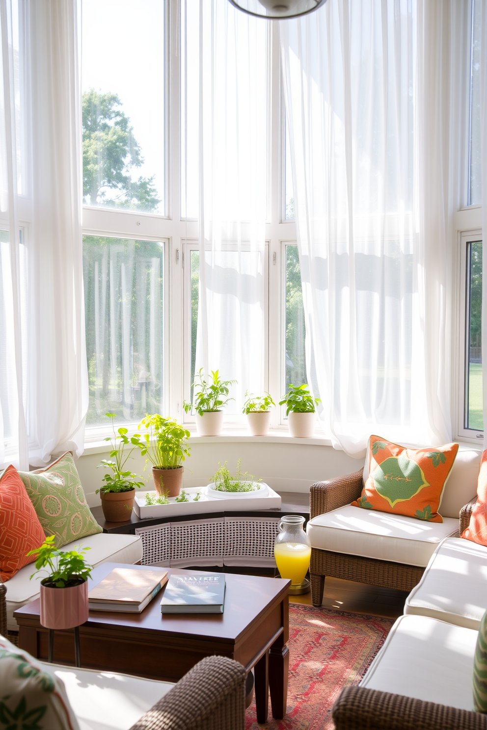 A bright and airy sunroom filled with natural light. The space features large windows with sheer white curtains, allowing sunlight to filter through gently. In one corner, a small indoor herb garden thrives in stylish pots, adding a touch of greenery and freshness. Comfortable seating with colorful cushions invites relaxation, while a wooden coffee table holds a few decorative books and a pitcher of lemonade.