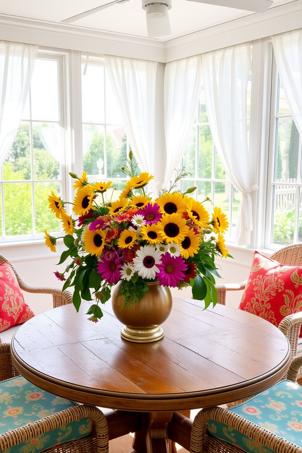 A bright and airy sunroom filled with natural light. The space features large windows adorned with sheer white curtains, allowing the summer sun to filter through. In the center, a rustic wooden table holds a vibrant seasonal flower arrangement with sunflowers, daisies, and zinnias. Surrounding the table are comfortable wicker chairs with colorful cushions that complement the floral display.