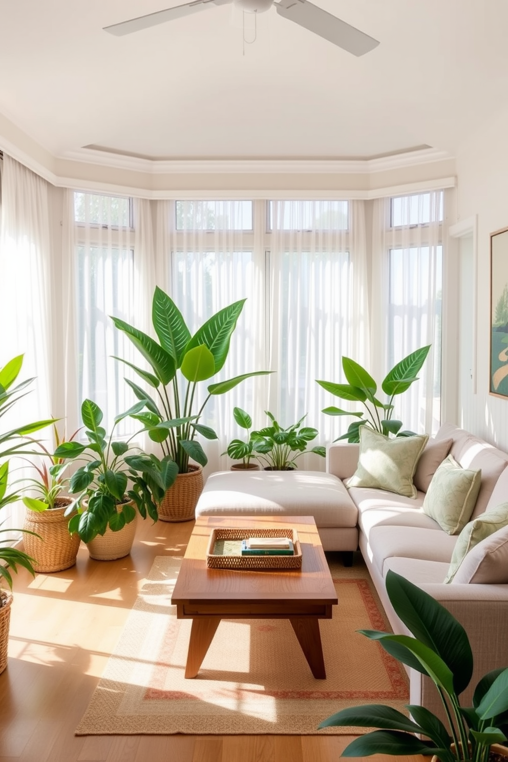 A bright and airy sunroom filled with natural light. The space features large windows adorned with sheer white curtains, allowing sunlight to filter through and illuminate the room. A comfortable seating area is arranged with a plush sectional sofa in a light, neutral fabric. Tropical plants in various sizes are strategically placed around the room, adding freshness and vibrant greenery. A wooden coffee table sits at the center, adorned with a colorful woven tray and a few decorative books. On the walls, art pieces inspired by tropical landscapes bring a lively touch to the decor.