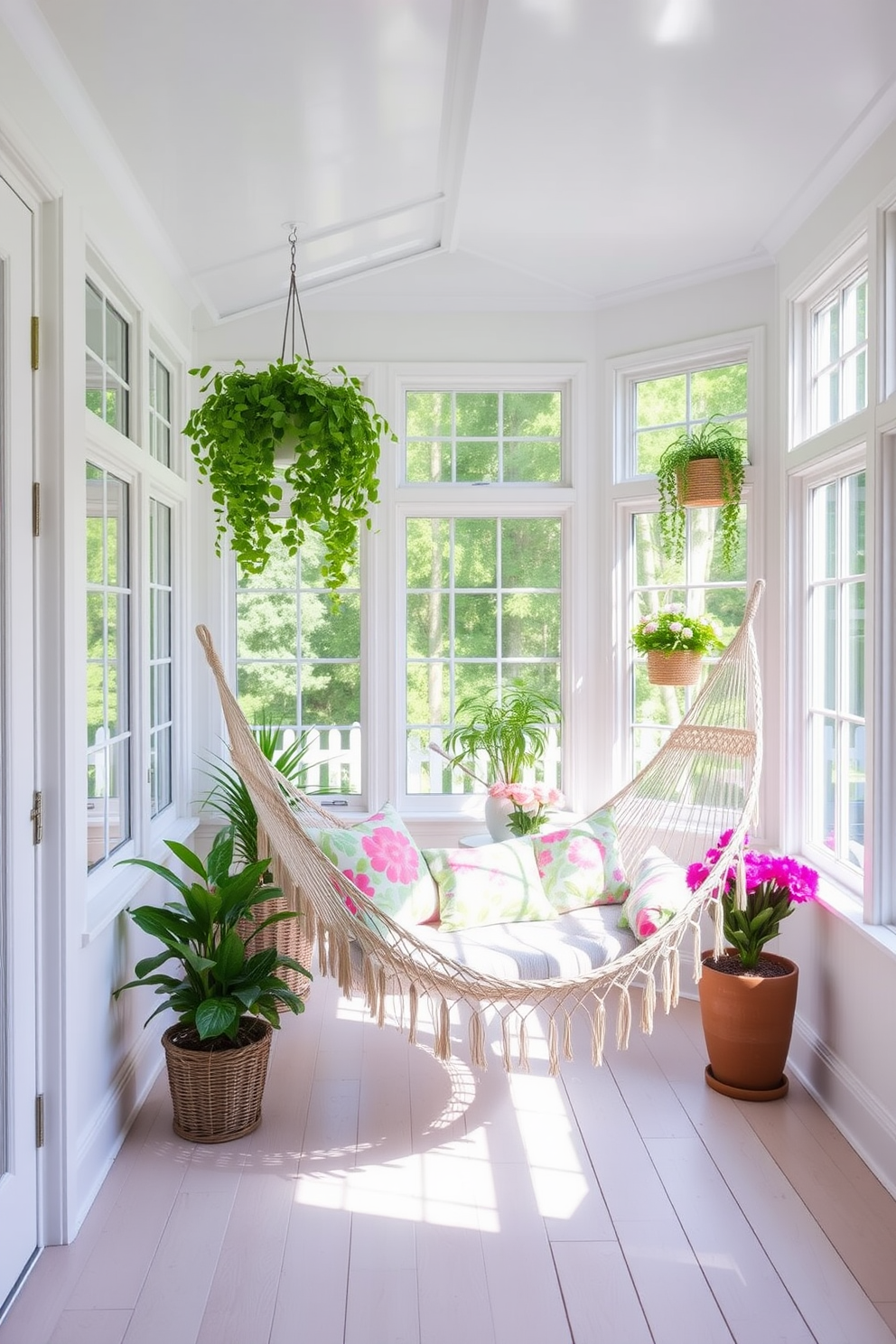 A bright and airy summer sunroom features large windows that allow natural light to flood the space. In one corner, a cozy hammock is suspended between two sturdy posts, inviting relaxation and tranquility. The walls are painted in a soft pastel color, complemented by light wooden flooring. Plush cushions in vibrant floral patterns adorn the hammock, while potted plants and hanging greenery add a touch of nature to the decor.