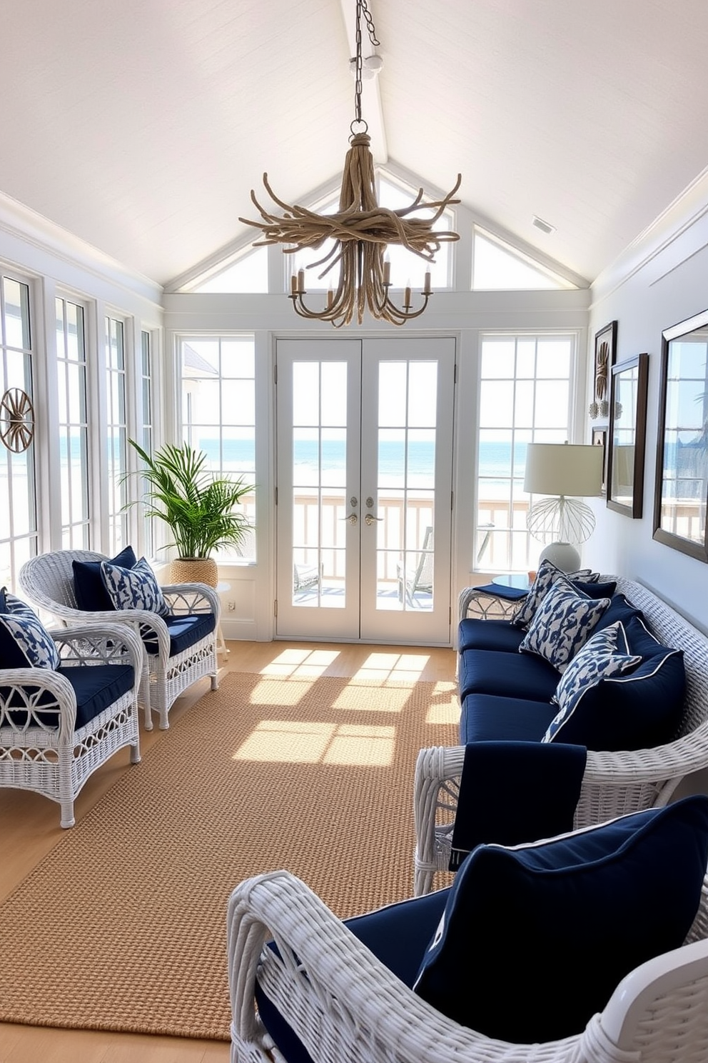 Create a bright and airy sunroom that embodies a nautical theme with coastal vibes. Incorporate white wicker furniture adorned with navy blue cushions and a large jute area rug that adds warmth to the space. Add large windows that allow natural light to flood in, showcasing a view of the beach outside. Decorate the walls with framed nautical art and hang a statement chandelier made of driftwood to enhance the coastal aesthetic.