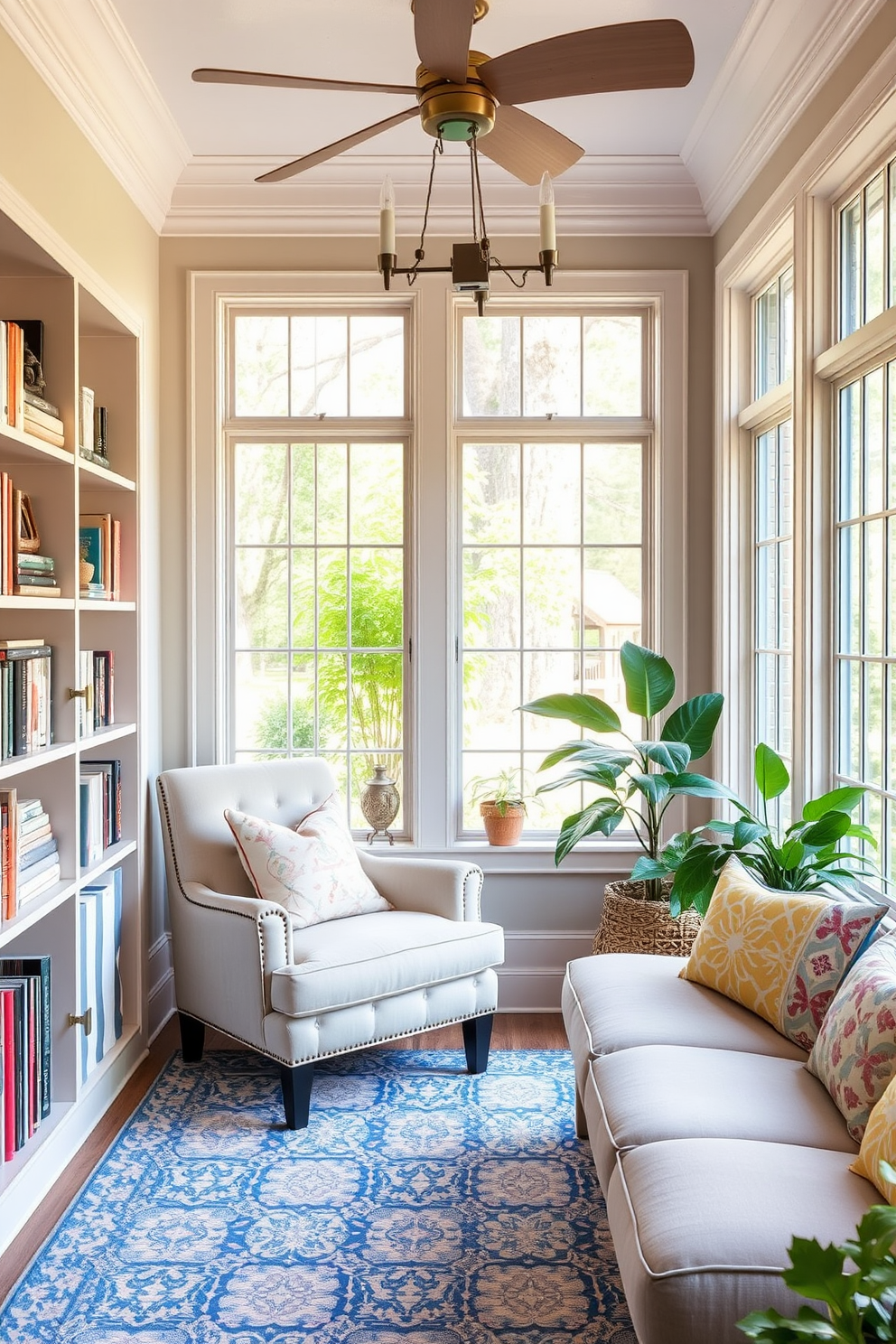 Create a cozy reading nook with a plush armchair in a soft pastel color. Surround the chair with built-in shelves filled with books and decorative items to create an inviting atmosphere. Design a summer sunroom that features large windows allowing natural light to flood the space. Incorporate comfortable seating with bright, cheerful cushions and potted plants to enhance the vibrant, airy feel.