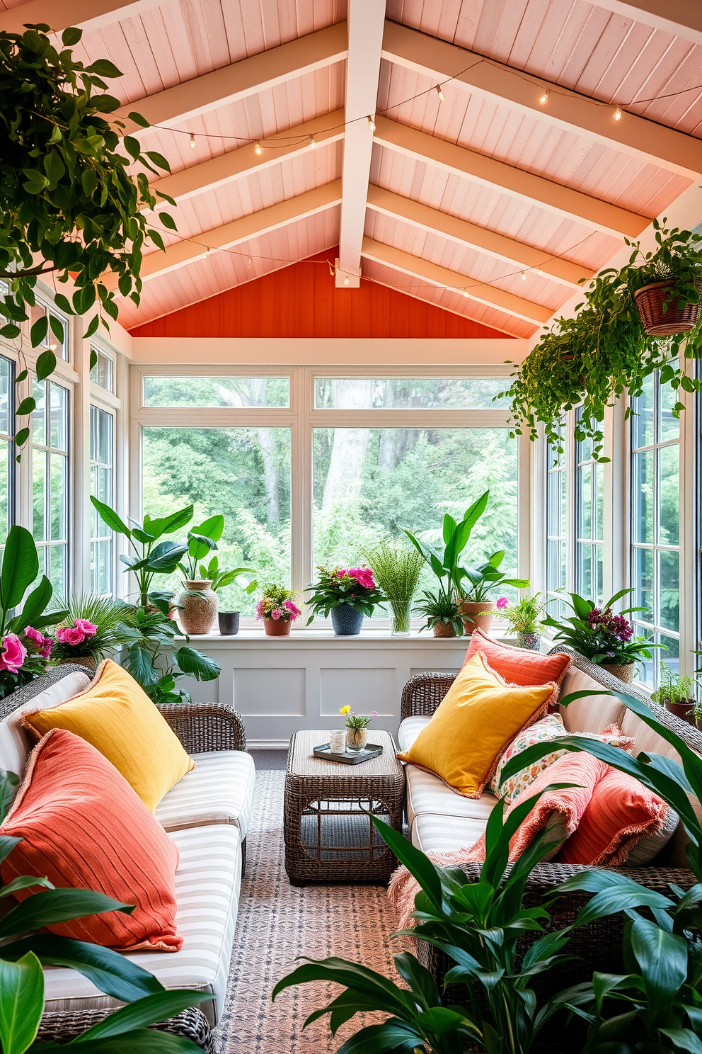 A summer sunroom filled with vibrant greenery and comfortable seating. The walls are adorned with large windows allowing natural light to flood in, creating a bright and inviting atmosphere. Hang string lights across the ceiling to enhance the evening ambiance. Cozy throw pillows in cheerful colors are scattered on the furniture, inviting relaxation and enjoyment of the warm summer nights.