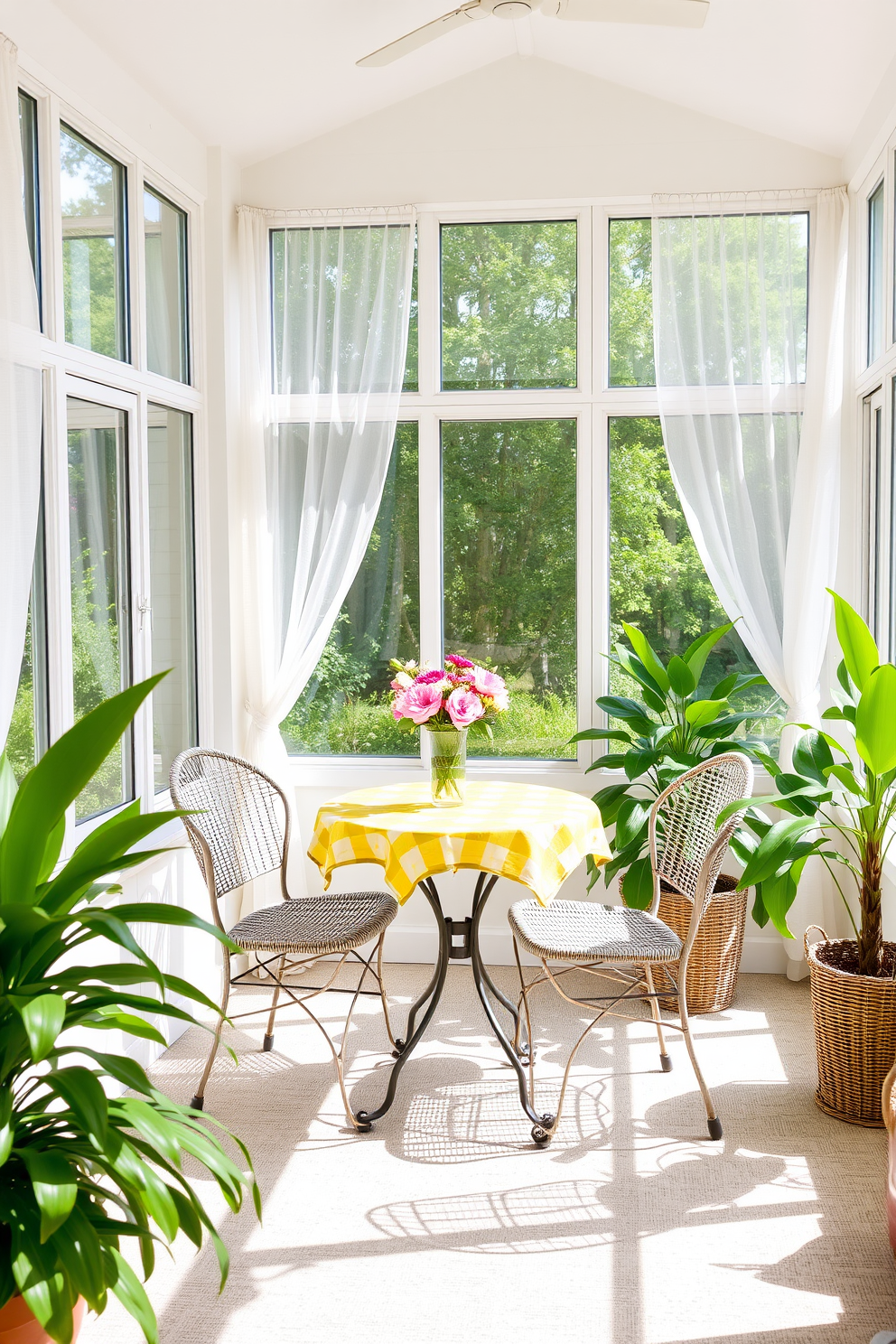 A bright summer sunroom features a small bistro table set for two. The table is adorned with a cheerful tablecloth and a vase of fresh flowers, surrounded by comfortable wicker chairs. Large windows allow natural light to flood the space, with sheer curtains gently billowing in the breeze. Lush green plants are placed in the corners, adding a touch of nature and warmth to the inviting atmosphere.