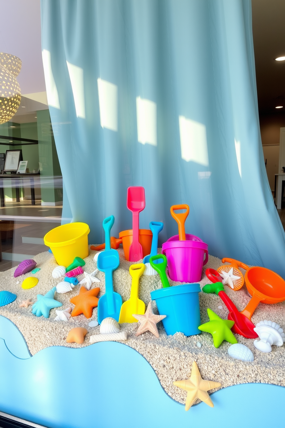 A beach-themed window display showcases an array of colorful sand toys arranged artfully on a sandy base. Brightly colored buckets and shovels are complemented by seashells and starfish, creating a playful summer vibe. The backdrop features a soft blue fabric resembling ocean waves, enhancing the coastal theme. Sunlight filters through the window, casting warm glows on the vibrant toys, inviting passersby to embrace the spirit of summer.