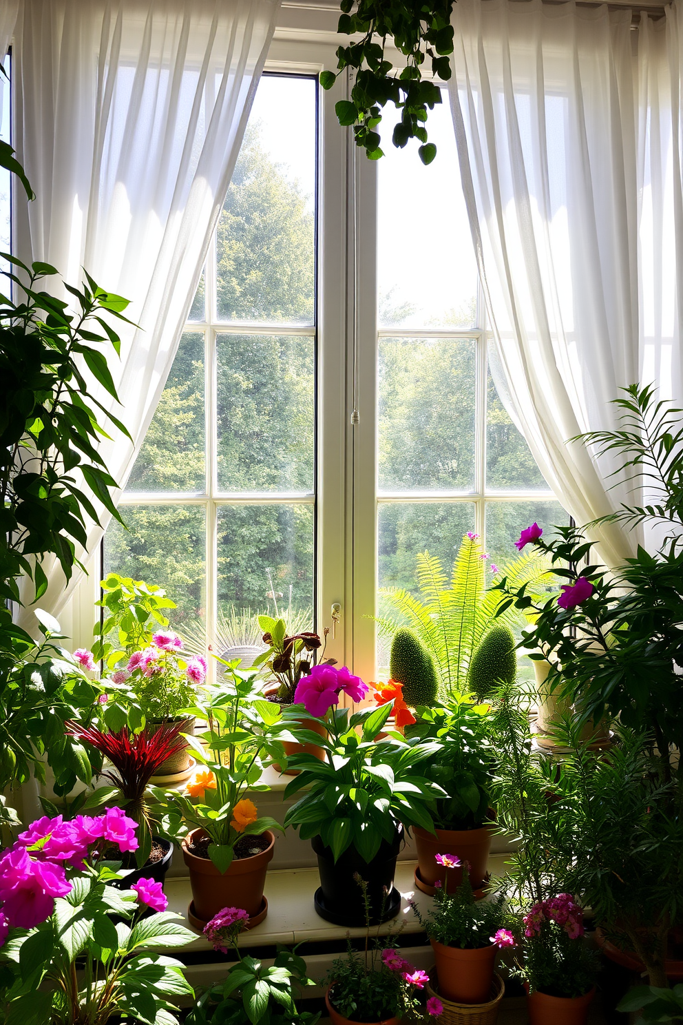 Lush greenery fills the room with vibrant potted plants of various sizes and shapes. Sunlight streams through the large windows, illuminating the space and creating a refreshing atmosphere. The window sills are adorned with colorful flower pots, showcasing a mix of blooming plants and leafy ferns. Sheer curtains gently sway in the breeze, adding a light and airy feel to the summer decor.