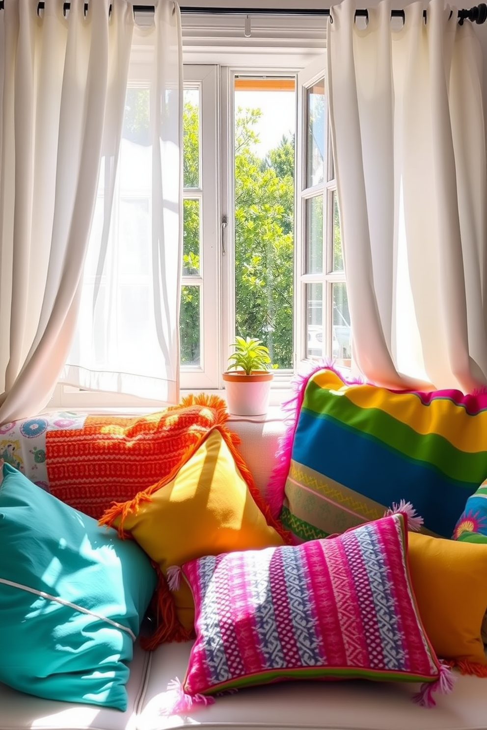 Brightly colored throw pillows and blankets are artfully arranged on a cozy sofa, creating a vibrant and inviting atmosphere. Sunlight streams through the open window, illuminating the cheerful patterns and textures of the fabrics. The window is adorned with sheer white curtains that gently flutter in the breeze, adding a light and airy feel to the space. A small potted plant sits on the windowsill, complementing the colorful decor and enhancing the summer vibe.