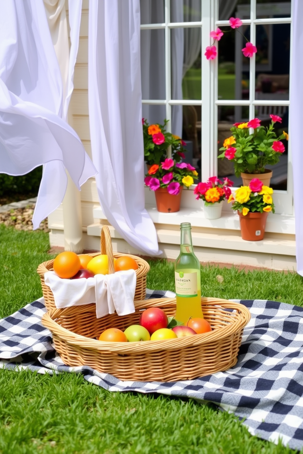 Outdoor picnic scene with a checkered cloth spread across a lush green lawn. A wicker basket filled with fresh fruits and a bottle of sparkling lemonade sits invitingly on the cloth. Summer window decorating ideas featuring sheer white curtains that flutter gently in the breeze. Potted plants with vibrant flowers are arranged on the windowsill, adding a touch of color and life to the space.