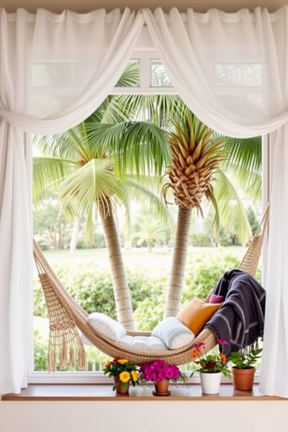 A cozy hammock is suspended between two palm trees in a tranquil outdoor setting. The hammock is adorned with soft, colorful cushions and throws, inviting relaxation and leisure. The window is elegantly decorated with sheer white curtains that billow gently in the summer breeze. Potted plants and vibrant flowers are arranged on the windowsill, adding a touch of nature and brightness to the space.