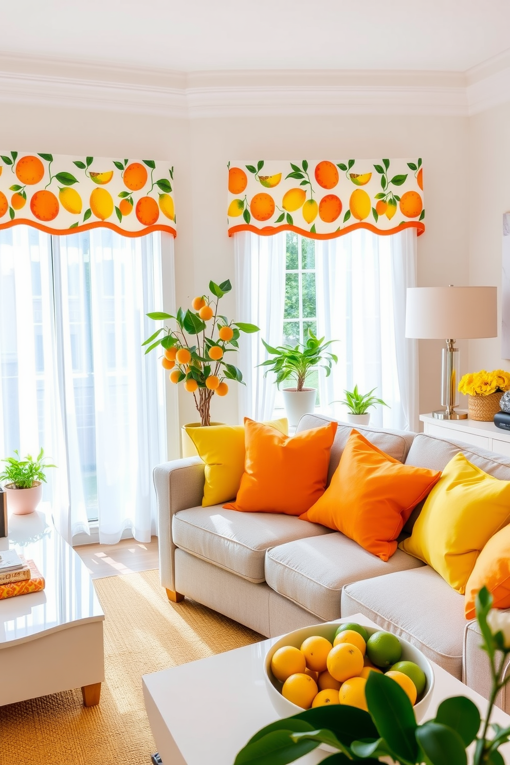 A vibrant living room adorned with fruit-themed decor in citrus colors. Bright yellow and orange cushions are scattered on a light gray sofa, while a large bowl of fresh lemons and limes sits on the coffee table. The windows are dressed with sheer white curtains that let in natural light, complemented by colorful fruit-patterned valances. Potted citrus plants are placed on the windowsill, adding a refreshing touch to the summer ambiance.