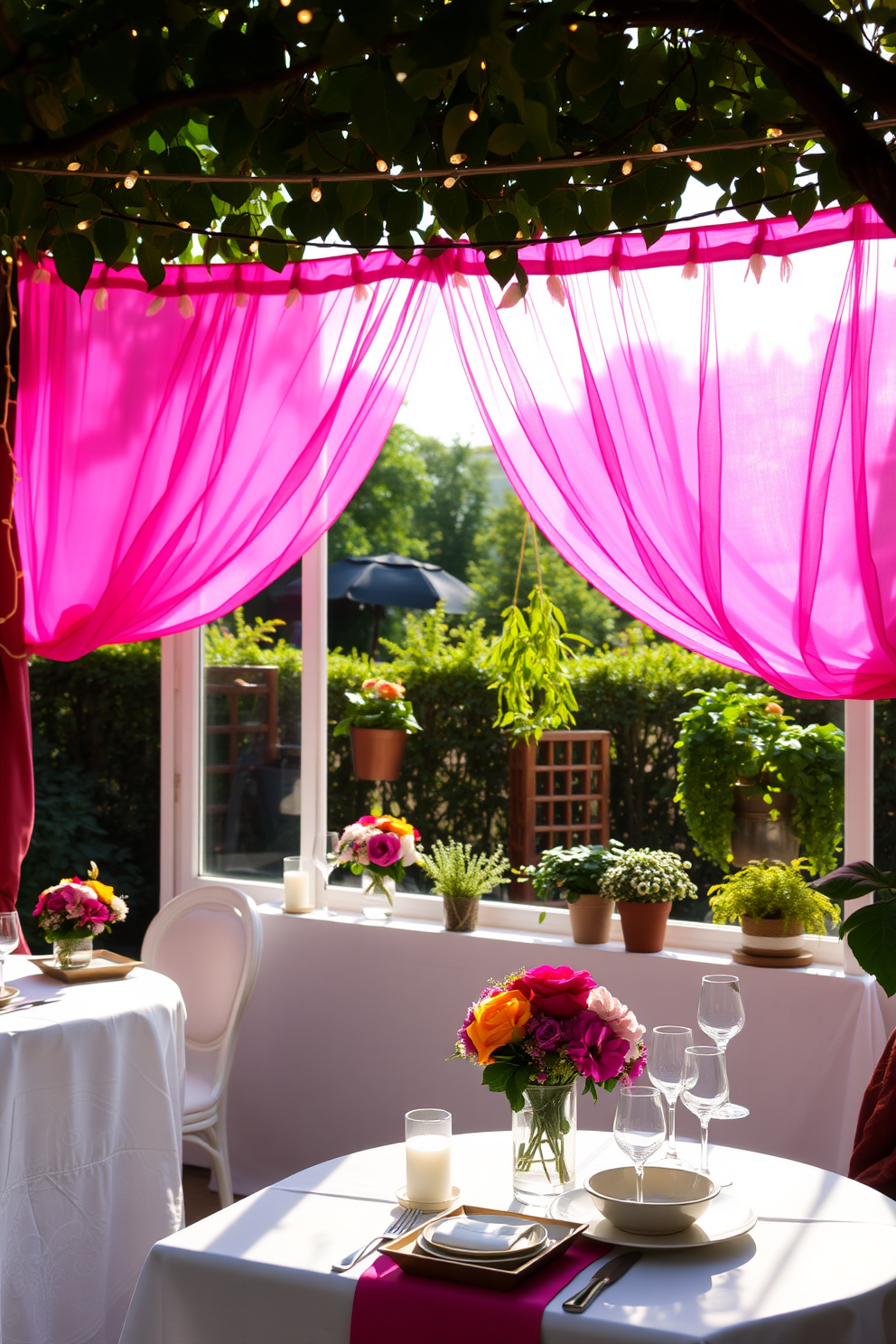 A charming garden party setup is adorned with twinkling fairy lights strung between the trees, creating a magical atmosphere. Elegant tables are draped in white linens, set with colorful floral centerpieces and delicate dinnerware. For summer window decorating ideas, vibrant sheer curtains flutter in the gentle breeze, allowing sunlight to filter through. Potted plants and hanging herbs are arranged on the windowsill, bringing a fresh and lively touch to the space.