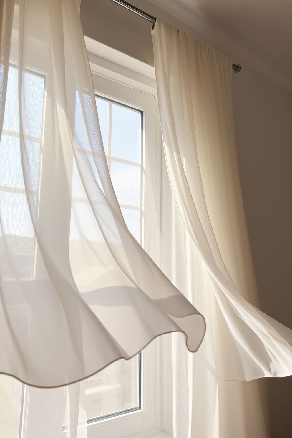 Breezy curtains flow gently in the wind, creating a light and airy atmosphere in the room. The window is adorned with soft, sheer fabric that dances with the summer breeze, inviting natural light to fill the space.