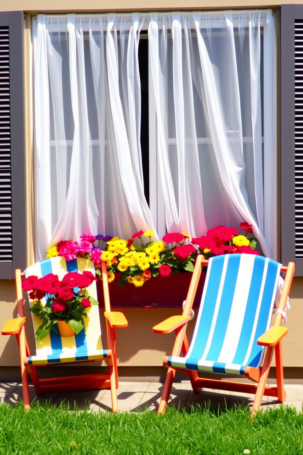 Cute beach chairs for a playful touch. The chairs are brightly colored with striped patterns and are made of lightweight materials, perfect for a sunny day at the beach. Summer window decorating ideas. The window is adorned with sheer white curtains that flutter in the breeze, complemented by vibrant flower boxes filled with blooming summer flowers.