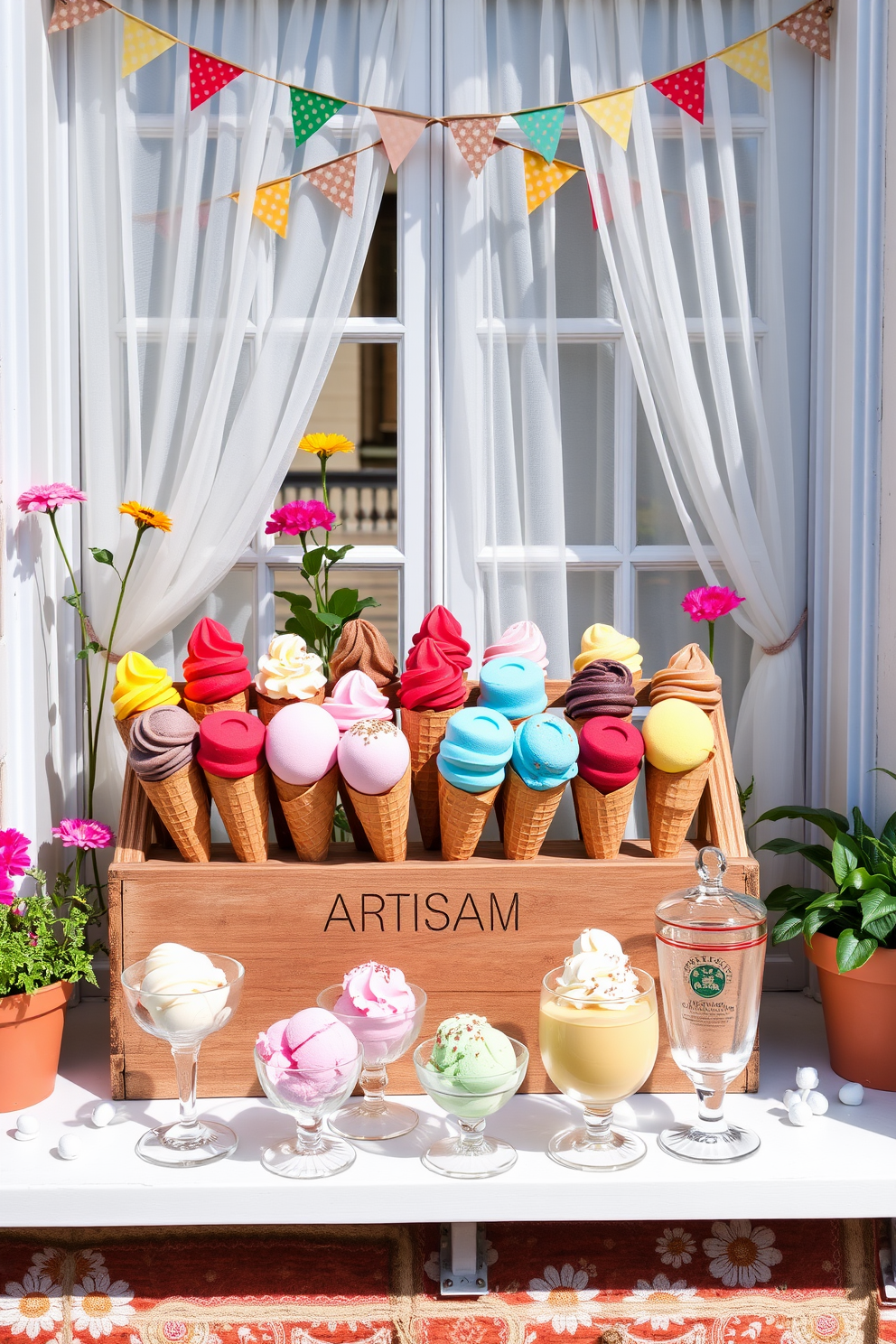 Artisan ice cream display featuring an array of colorful cones arranged in a rustic wooden stand. The backdrop includes a bright, airy window adorned with delicate sheer curtains and playful summer-themed decorations. Summer window decorating ideas include vibrant potted plants and cheerful bunting strung across the top. The scene is completed with a sun-drenched sill showcasing an assortment of ice cream flavors in elegant glass containers.