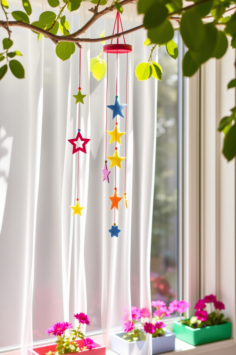 Whimsical wind chimes made of colorful materials hang from a tree branch, creating a playful sound as they sway gently in the breeze. The chimes feature various shapes like stars and butterflies, adding a touch of charm to the outdoor space. For summer window decorating ideas, sheer white curtains flutter lightly in the warm breeze, allowing sunlight to filter through. Brightly colored flower boxes filled with blooming plants sit on the windowsill, bringing a vibrant touch to the room.