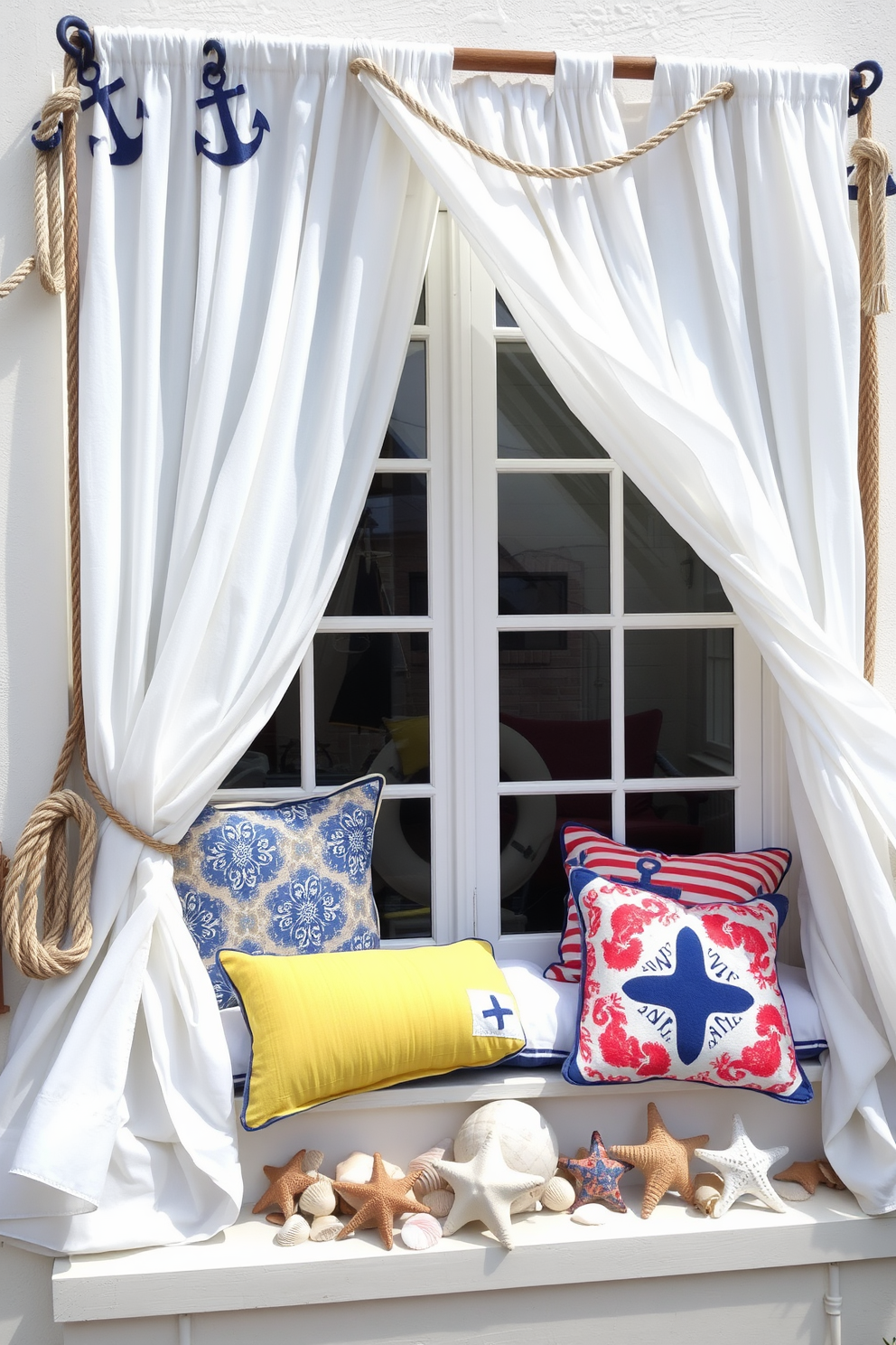 A nautical-themed summer window display features flowing white curtains that mimic sails, gently swaying in the breeze. Anchors and ropes are artfully arranged around the window frame, bringing a coastal charm to the space. Brightly colored cushions with nautical patterns are placed on a window seat, inviting relaxation and comfort. A collection of seashells and starfish is displayed on the sill, enhancing the beach-inspired atmosphere.