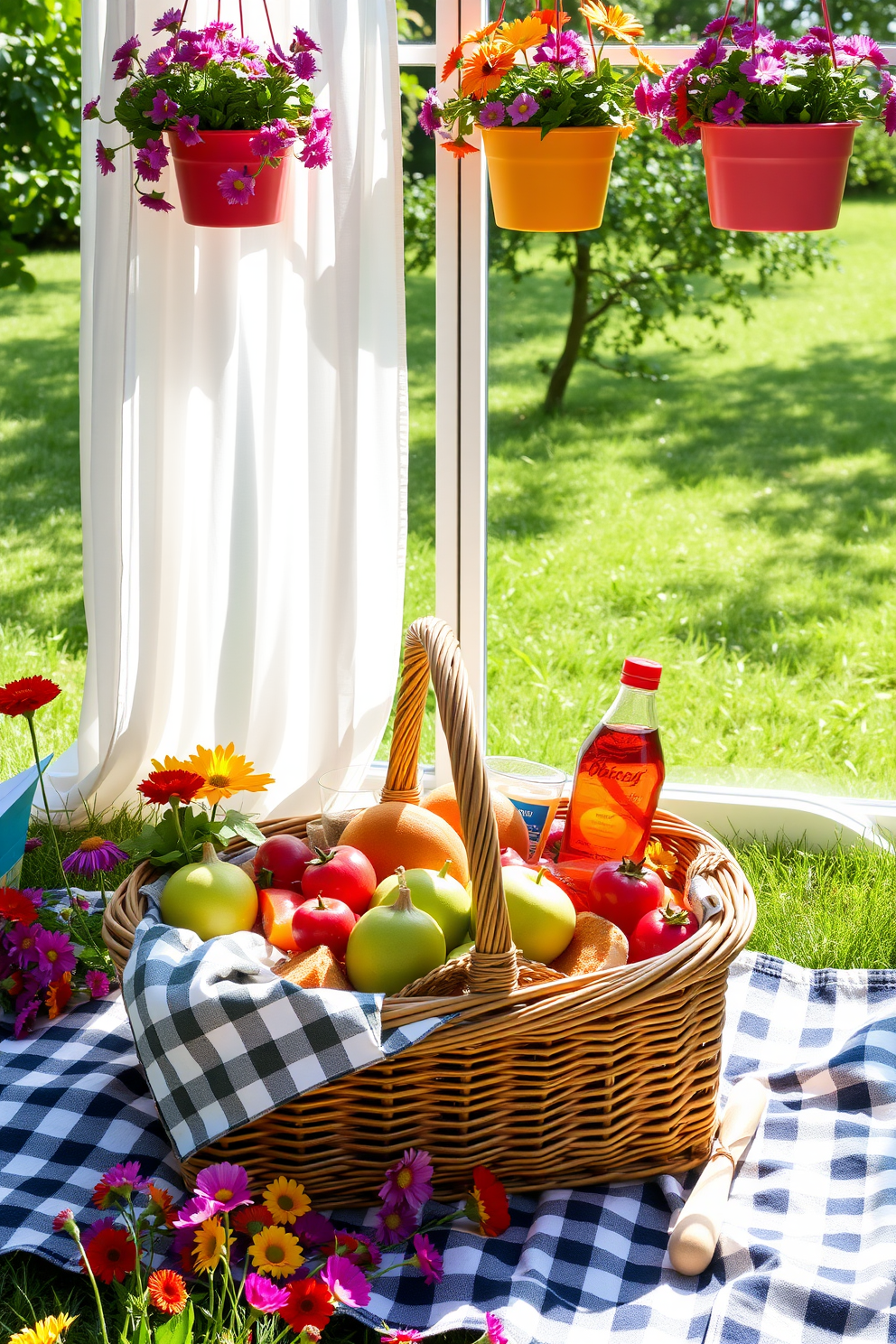 A picnic basket filled with summer goodies is set on a checkered blanket in a sunlit park. The basket is overflowing with fresh fruits, sandwiches, and refreshing drinks, surrounded by vibrant wildflowers. Summer window decorating ideas include sheer white curtains that flutter gently in the breeze. Brightly colored flower boxes filled with blooming plants hang from the window ledge, creating a cheerful and inviting atmosphere.