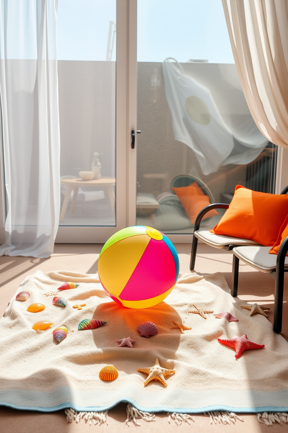 A vibrant beach ball rests on a soft, sandy-colored towel laid out on a sunlit patio. The scene is framed by a large window adorned with sheer white curtains that flutter gently in the breeze. Colorful seashells and starfish are artfully scattered around the towel, adding a playful touch to the summer vibe. Brightly colored throw pillows are arranged on nearby lounge chairs, inviting relaxation and enjoyment of the sunny day.