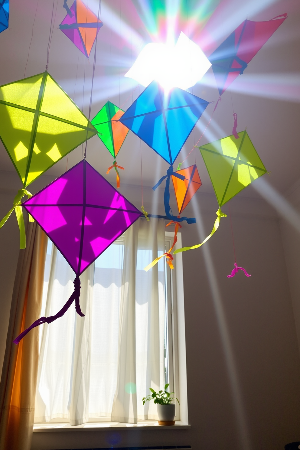 Colorful kites hang gracefully from the ceiling, creating a playful and vibrant atmosphere in the room. Sunlight filters through the window, illuminating the kites and enhancing the cheerful summer vibe. The window is adorned with light, airy curtains that flutter gently in the breeze. A small potted plant sits on the sill, adding a touch of greenery to the lively decor.