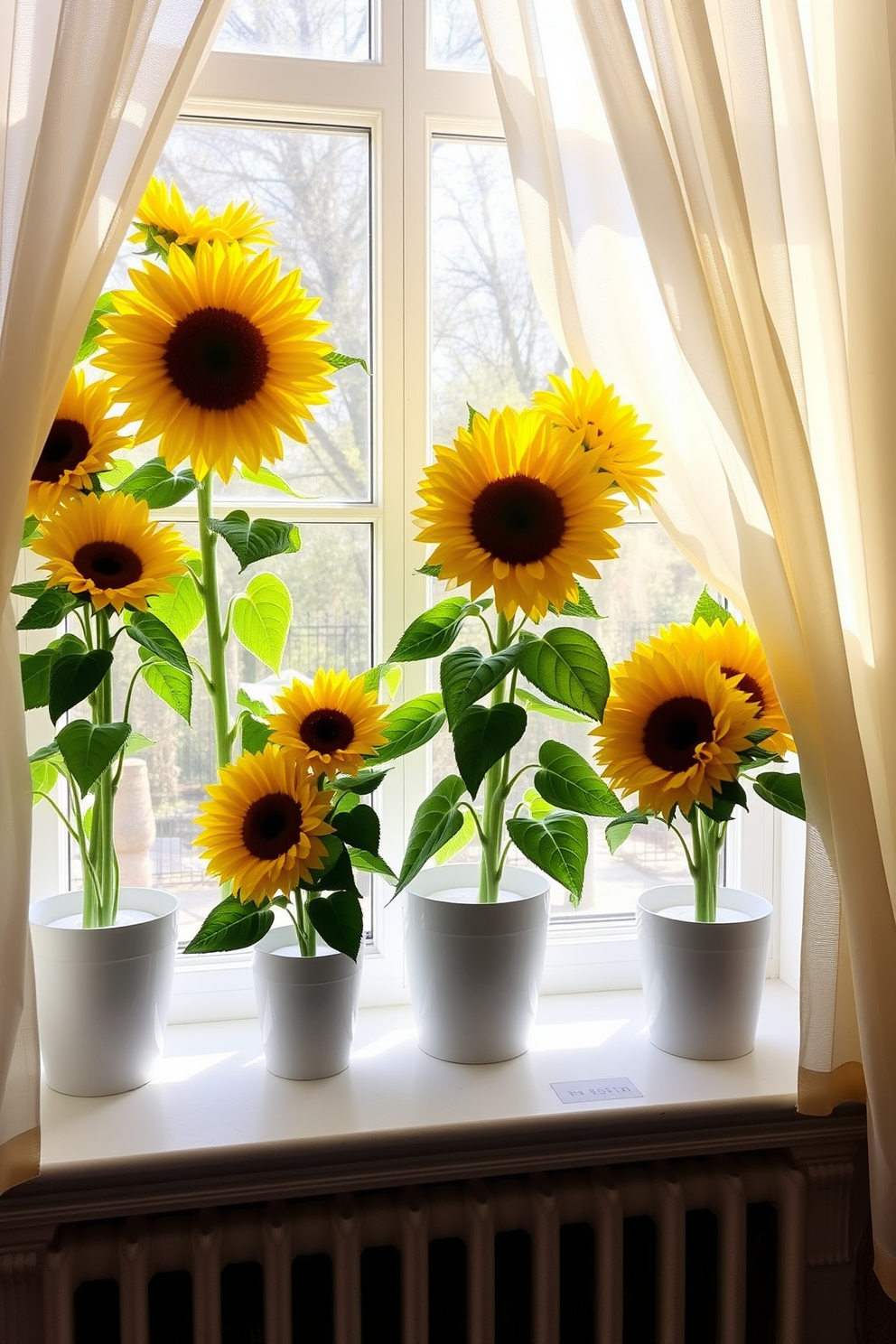 A bright and airy window display featuring cheerful sunflower arrangements in varying heights and sizes. The vibrant yellow blooms are complemented by lush green foliage, creating a lively focal point that brings warmth to the room. The window sill is adorned with simple white pots that enhance the natural beauty of the sunflowers. Sheer curtains gently flutter in the breeze, allowing soft sunlight to illuminate the cheerful arrangement.