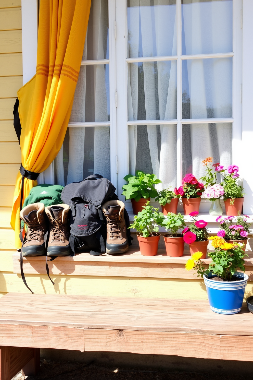 Outdoor adventure theme with hiking gear. The space features a rustic wooden bench adorned with a variety of hiking boots and backpacks. Summer window decorating ideas. Bright sheer curtains flutter in the breeze, while potted herbs and colorful flowers line the windowsill.