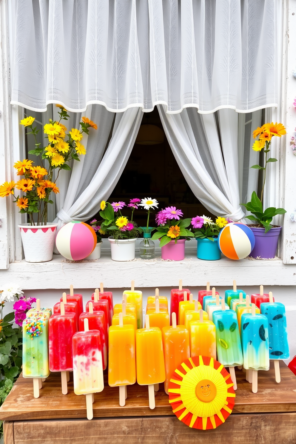 A vibrant popsicle display featuring an assortment of colorful popsicles arranged on a rustic wooden table. The background is filled with bright summer flowers and playful decorations that evoke a cheerful atmosphere. A charming window decorated with light sheer curtains and potted plants that bring freshness to the space. Colorful summer-themed accents such as beach balls and sun hats are placed on the windowsill for a playful touch.