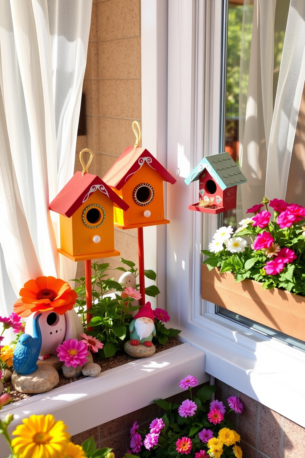 Charming birdhouses adorned with vibrant colors and intricate designs are nestled among blooming flowers in a sunlit garden. Delicate accents like whimsical garden gnomes and decorative stones complement the cheerful atmosphere, creating a picturesque outdoor retreat. For summer window decorating ideas, sheer white curtains flutter gently in the warm breeze, allowing natural light to fill the room. Potted plants and colorful flower boxes are arranged on the windowsill, bringing a touch of nature indoors and enhancing the seasonal charm.