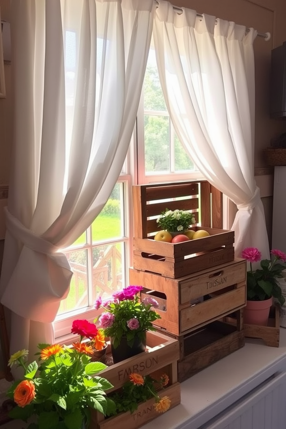 Rustic wooden crates are stacked in a cozy farmhouse setting, serving as both storage and decor. Sunlight streams through the window, illuminating the crates filled with fresh flowers and seasonal fruits, creating a warm and inviting atmosphere. For summer window decorating ideas, sheer white curtains flutter gently in the breeze, allowing natural light to fill the room. Vibrant potted plants sit on the windowsill, adding a touch of greenery and a pop of color to the rustic charm.