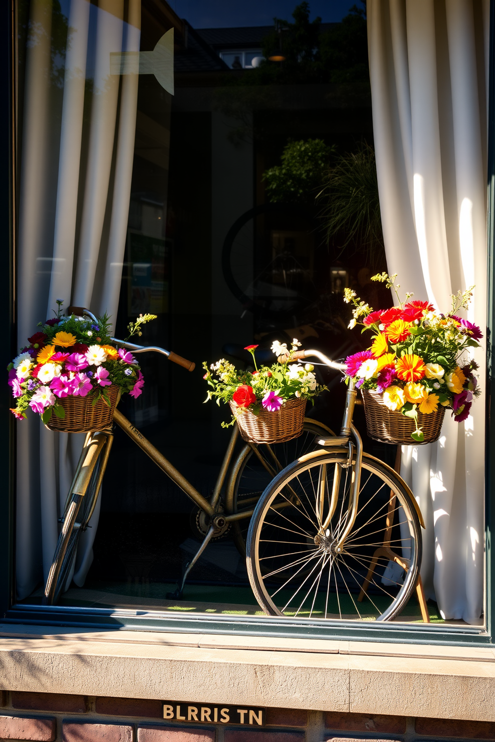 A charming summer window display featuring vintage bicycles adorned with colorful flower baskets. The scene captures the essence of nostalgia, with sunlight streaming through the window, illuminating the vibrant blooms and rustic bike frames.