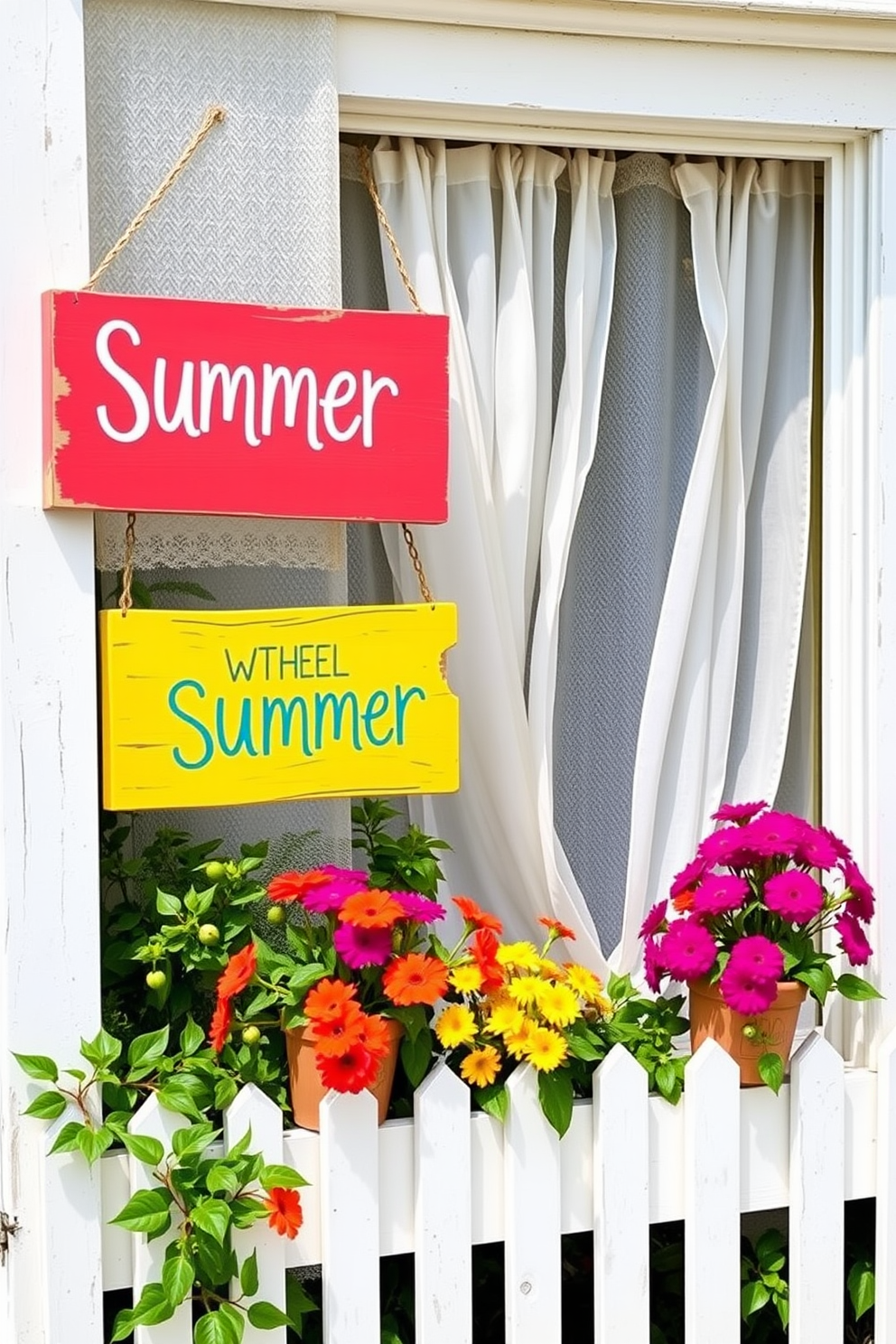 Brightly painted wooden signs adorned with cheerful summer quotes hang on a white picket fence. The vibrant colors of the signs contrast beautifully with the lush greenery surrounding them. Summer window decorating ideas feature sheer white curtains fluttering in the warm breeze. Potted flowers in bright hues are placed on the windowsill, adding a touch of nature to the cheerful display.