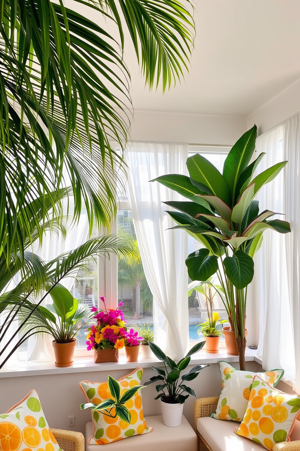 A tropical paradise setting featuring lush palm leaves cascading from the ceiling and vibrant tropical plants arranged around the room. Sunlight filters through large windows adorned with sheer white curtains, creating a bright and airy atmosphere. Summer window decorating ideas include colorful floral arrangements in bright pots and light, breezy fabrics draped elegantly across the window sills. The space is complemented by cheerful accents such as citrus-themed cushions and playful beach-inspired decor.