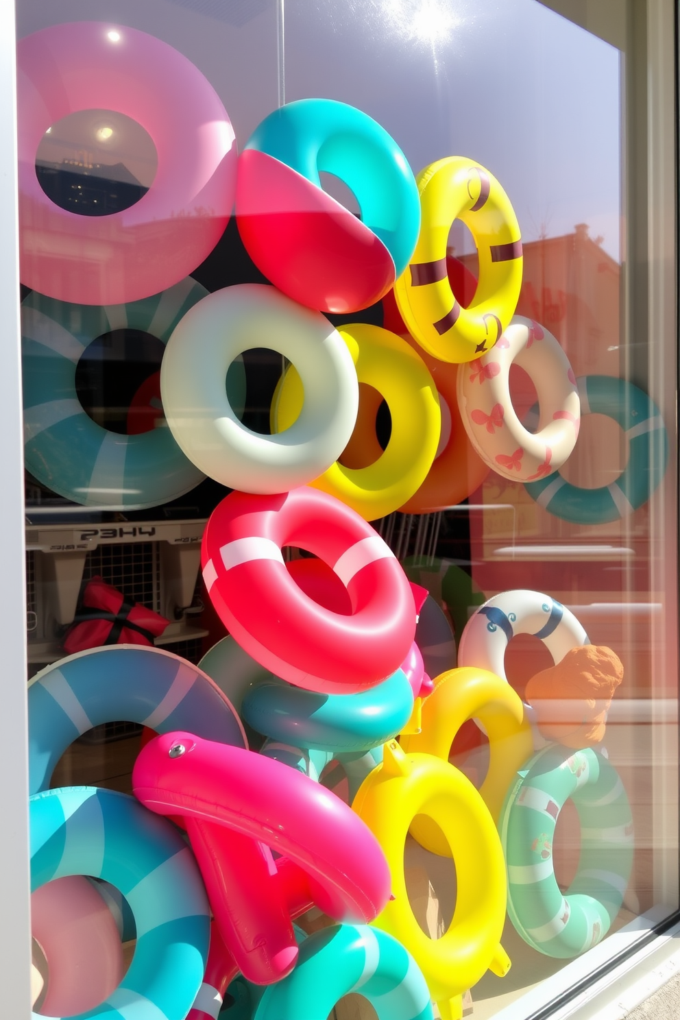 Create a vibrant summer window display featuring an array of colorful pool floaties arranged in an eye-catching manner. The floaties should be positioned to catch the sunlight, casting playful reflections and enhancing the cheerful atmosphere of the space.