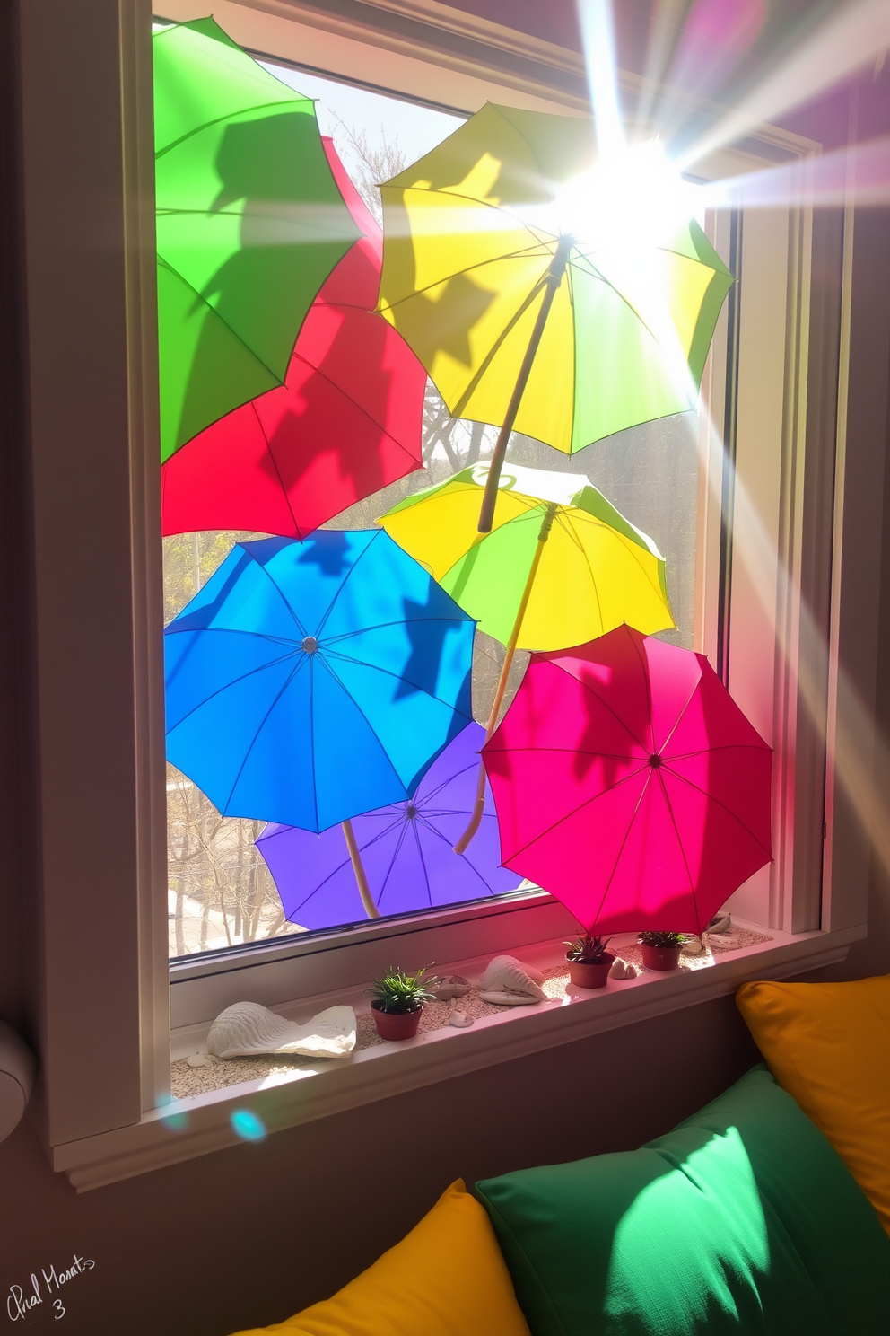 Colorful beach umbrellas are arranged in the window, creating a vibrant and cheerful atmosphere. The sunlight filters through, casting playful shadows on the surrounding decor. The window sill is adorned with seashells and small potted plants, enhancing the summer vibe. Brightly colored cushions are placed on a nearby bench, inviting relaxation and enjoyment of the sunny view.