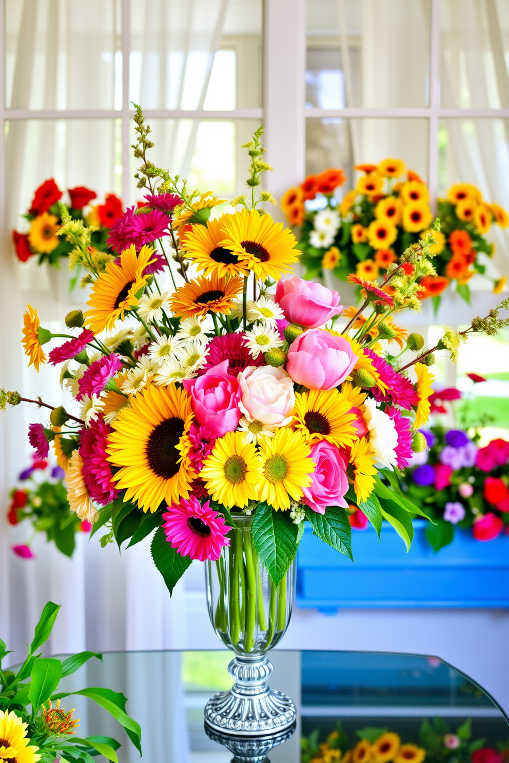 Floral arrangements with vibrant summer blooms create a lively and cheerful atmosphere. A mix of sunflowers, daisies, and peonies in an elegant vase adds a pop of color to any space. Summer window decorating ideas can transform your home into a bright and inviting retreat. Sheer curtains paired with colorful window boxes filled with seasonal flowers enhance the beauty of your summer decor.