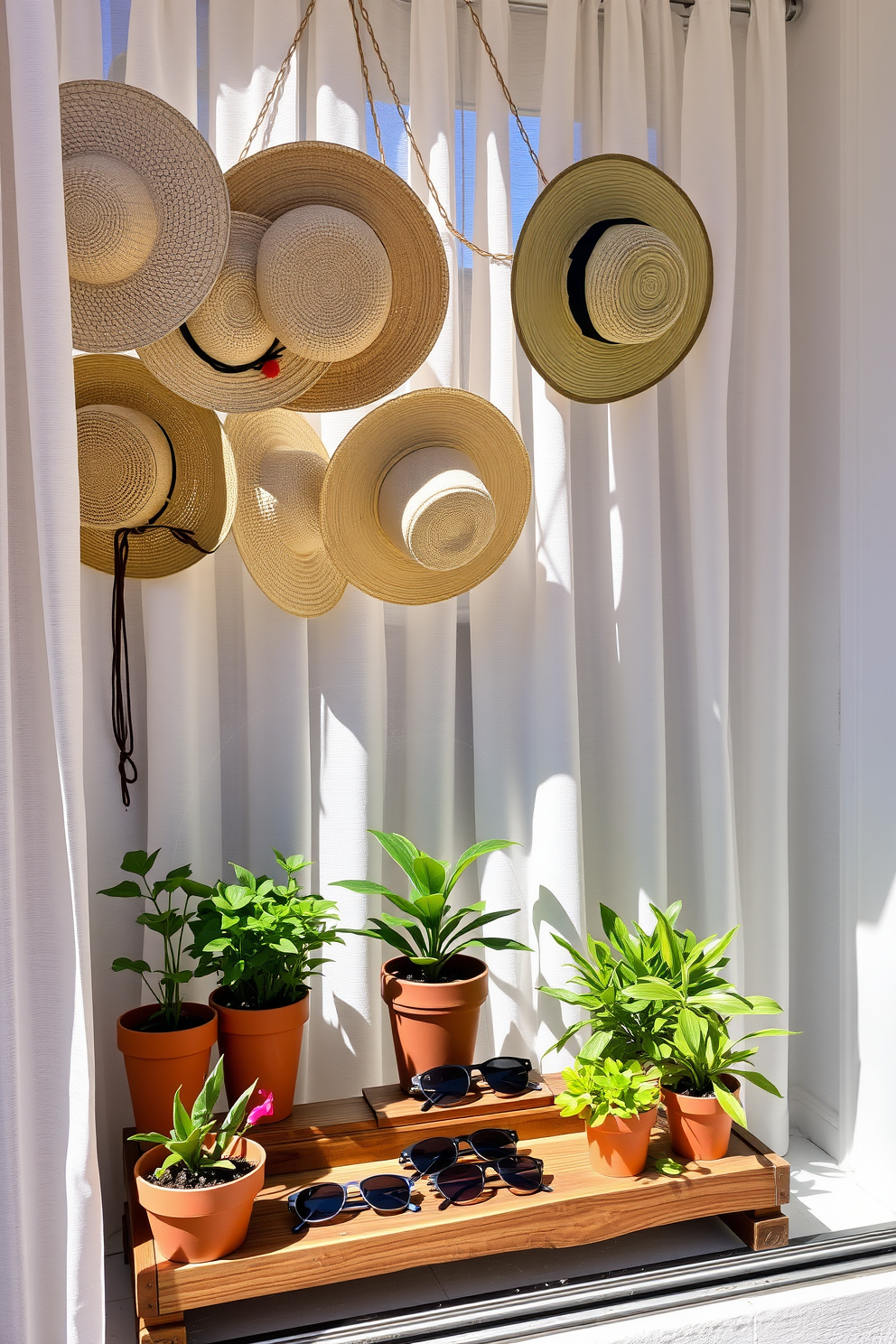 A bright and airy summer window display featuring an array of stylish sun hats hanging elegantly on a decorative rack. Below, a collection of trendy sunglasses is artfully arranged on a rustic wooden shelf, complemented by vibrant potted plants that add a touch of greenery. Soft sunlight filters through sheer white curtains, casting a warm glow on the scene. The overall aesthetic is playful yet sophisticated, inviting a sense of summer leisure into the space.