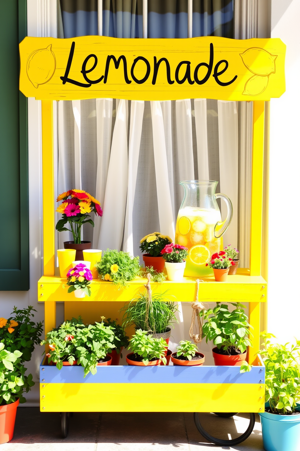 A refreshing lemonade stand-inspired display features a bright yellow wooden cart adorned with hand-painted lemonade signage. The cart is decorated with fresh lemons, colorful cups, and a large glass pitcher filled with sparkling lemonade, surrounded by vibrant flowers in cheerful pots. Summer window decorating ideas include sheer white curtains that flutter gently in the breeze, allowing sunlight to stream in. A collection of potted herbs and bright green plants line the windowsill, bringing a touch of nature indoors while creating a lively and inviting atmosphere.