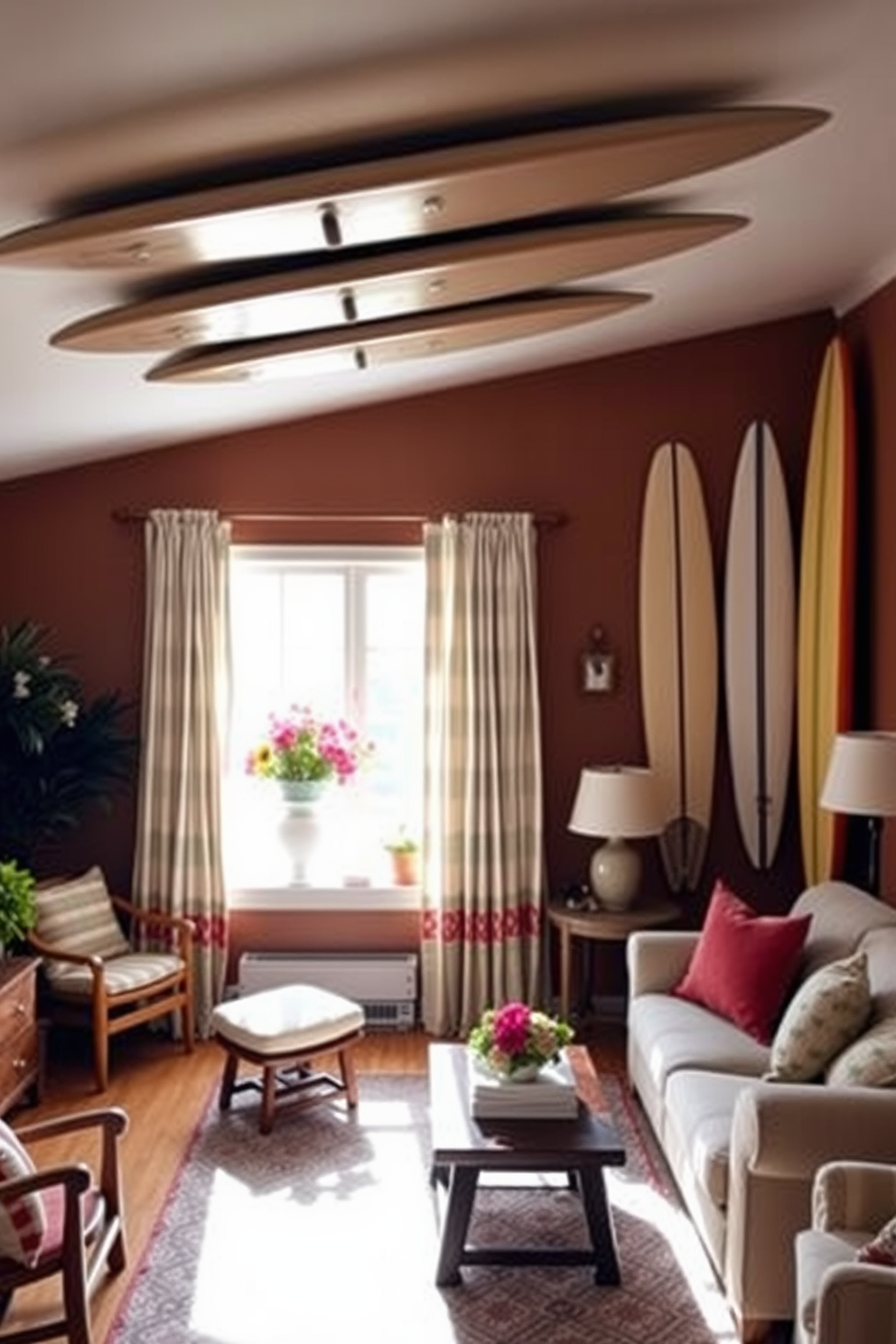 A cozy living room featuring vintage surfboards mounted on the wall, adding a playful retro vibe to the space. The room is filled with warm colors, complemented by natural wood furniture and soft, inviting textiles. Bright summer window decorating ideas that incorporate light, airy curtains and cheerful floral arrangements. The windows are adorned with colorful accents, creating a fresh and vibrant atmosphere that welcomes the sunshine.