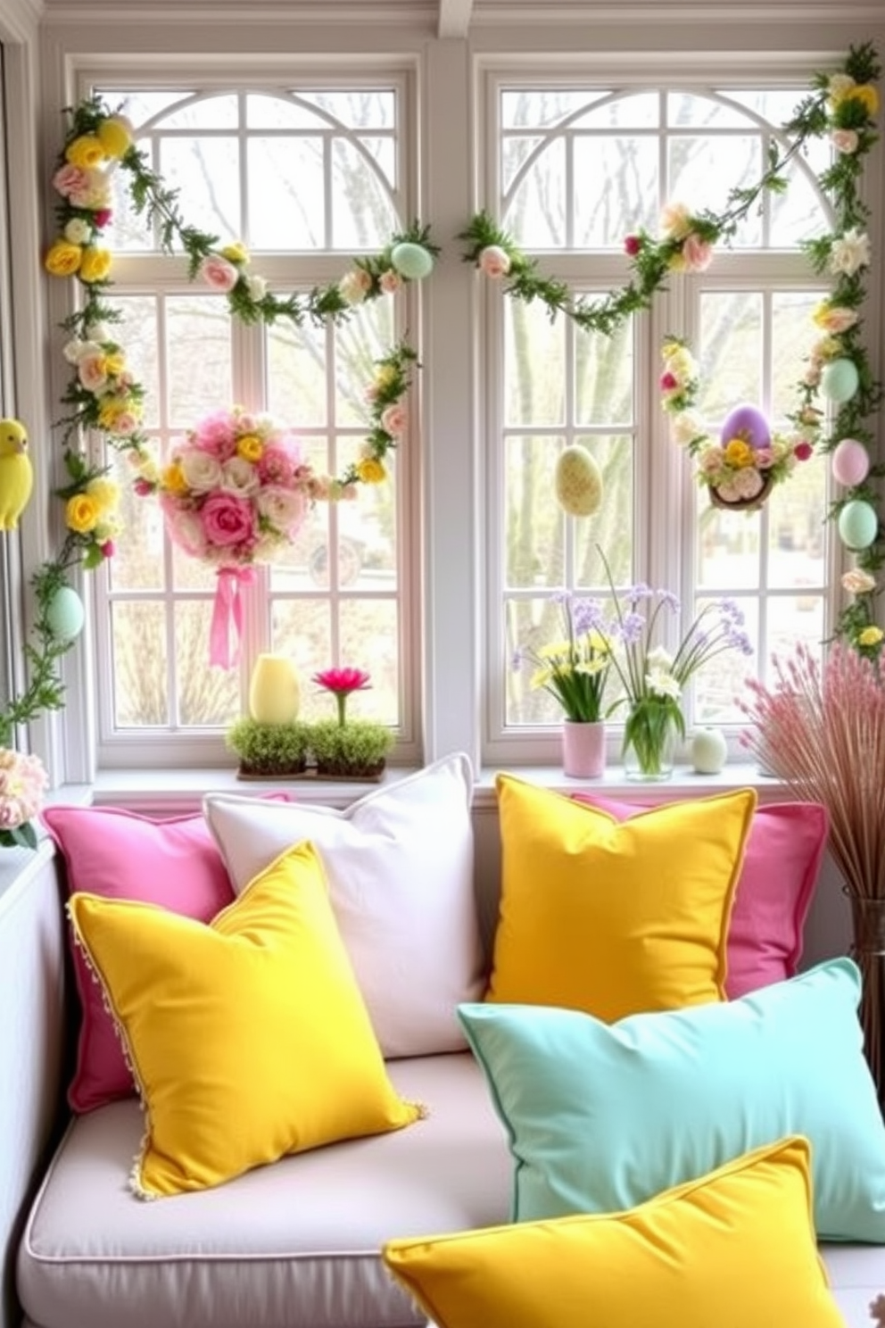 A sunroom filled with natural light features a cozy seating area adorned with bright pastel pillows in shades of pink, yellow, and mint green. The walls are decorated with cheerful Easter-themed accents, including floral garlands and colorful egg displays, creating a festive and inviting atmosphere.