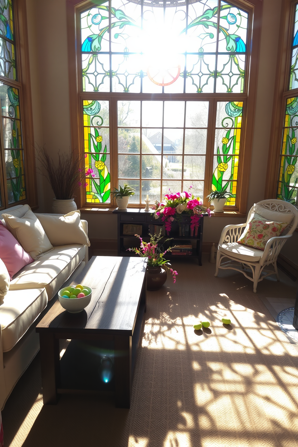 A sunlit sunroom filled with warmth and color. Sunlight reflects through intricately designed stained glass windows, casting vibrant patterns on the floor. The space features comfortable seating arrangements with pastel cushions and a rustic wooden coffee table. Easter decorations like colorful eggs and floral arrangements add a festive touch to the inviting atmosphere.