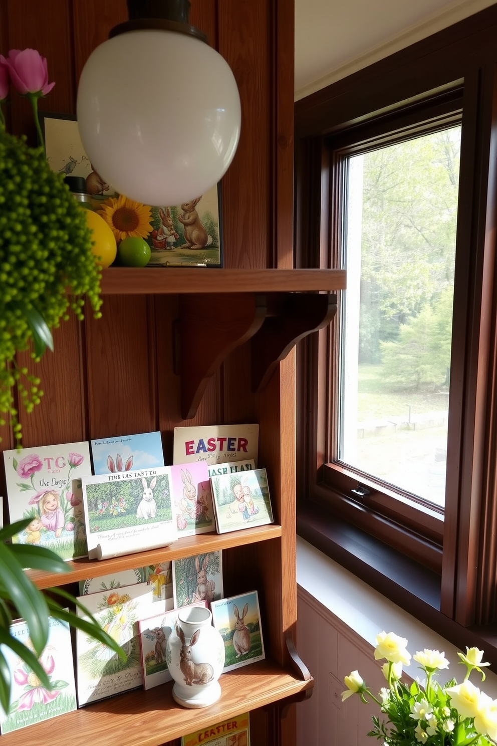 A collection of vintage Easter postcards is artfully displayed on a wooden shelf in the sunroom. The postcards are arranged by color and theme, creating a nostalgic and cheerful atmosphere that enhances the spring decor.