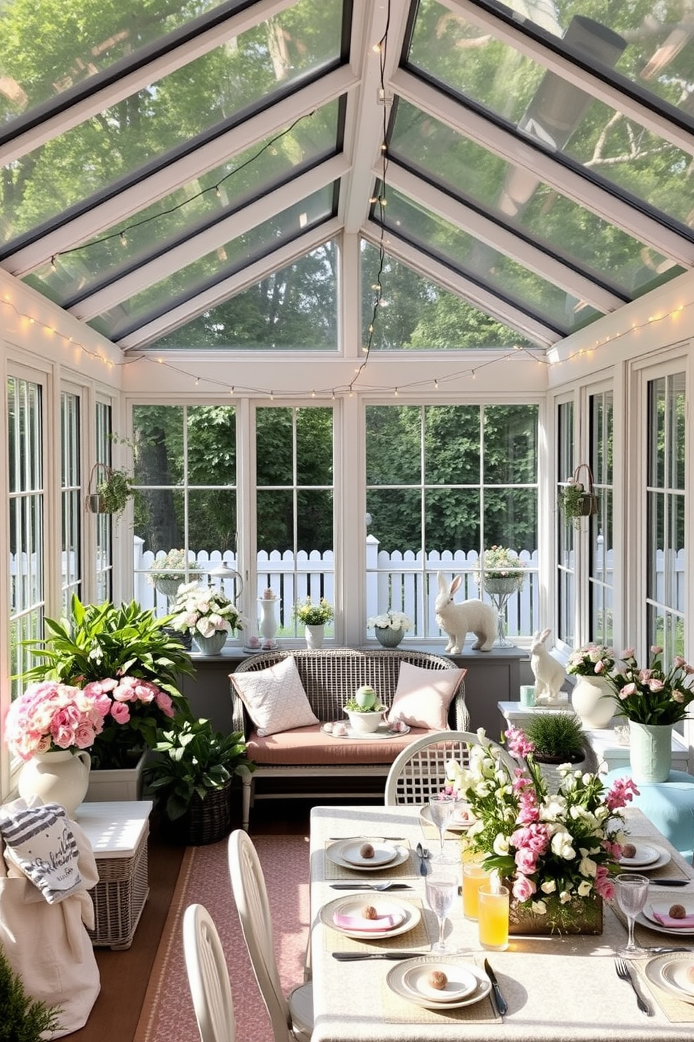 A sunroom filled with natural light featuring a cozy seating area surrounded by lush greenery. Delicate string lights are draped across the ceiling, creating a whimsical atmosphere perfect for Easter celebrations. The space is adorned with pastel-colored decorations, including floral arrangements and Easter-themed accents. A charming table is set for a festive brunch, complete with colorful tableware and seasonal treats.