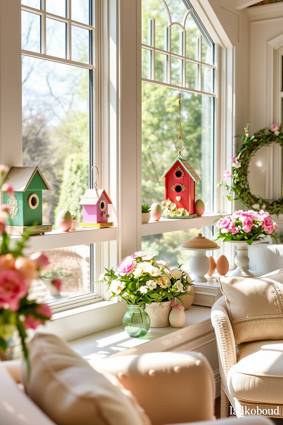 Charming birdhouses are perched on the window sills, each painted in vibrant colors and adorned with intricate designs. The sunroom is filled with natural light, creating a warm and inviting atmosphere perfect for Easter decorating ideas. Fresh pastel-colored decorations are placed throughout the space, including floral arrangements and decorative eggs. Soft, cozy seating invites relaxation, making the sunroom a delightful spot to celebrate the season.