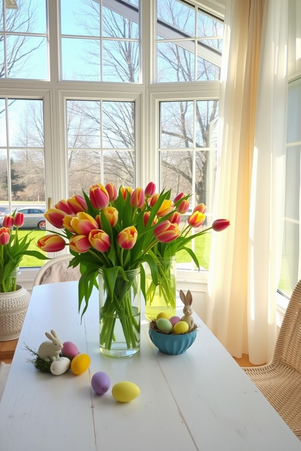 A bright sunroom filled with natural light. Fresh cut tulips in colorful vases are placed on a white wooden table, creating a cheerful atmosphere. Easter decorations adorn the space with pastel-colored eggs and delicate bunny figurines. The large windows are draped with sheer curtains that gently flutter in the breeze, enhancing the inviting ambiance.