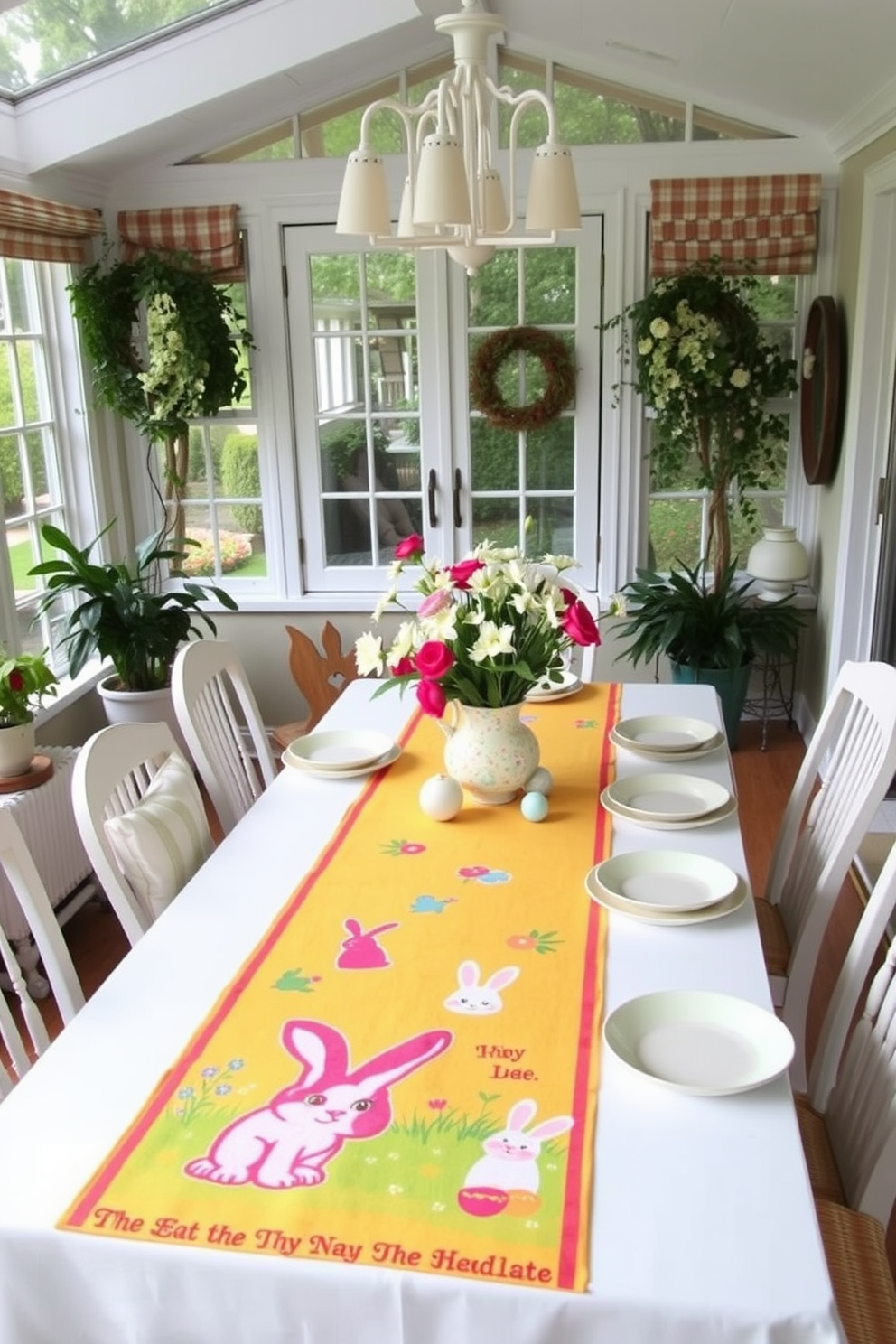 A cheerful sunroom adorned for Easter features a vibrant seasonal table runner decorated with playful bunnies. The table is set with pastel-colored dishes and a centerpiece of fresh flowers, creating a warm and inviting atmosphere.