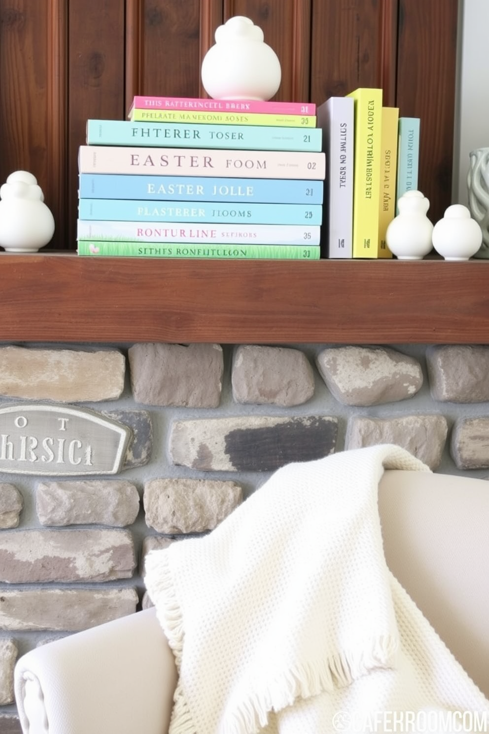 Easter-themed books are stacked decoratively on a rustic wooden shelf, with pastel-colored covers adding a cheerful touch. A soft, light-colored throw blanket drapes over the arm of a cozy chair nearby, creating an inviting reading nook in the sunroom.